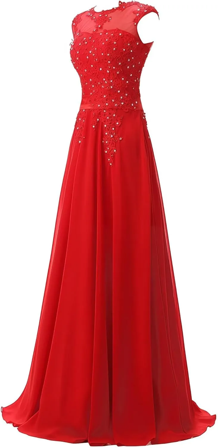 Women's Cap Sleeve Ruched Lace Bridesmaid Dresses Round Neck Chiffon Formal Evening Gowns