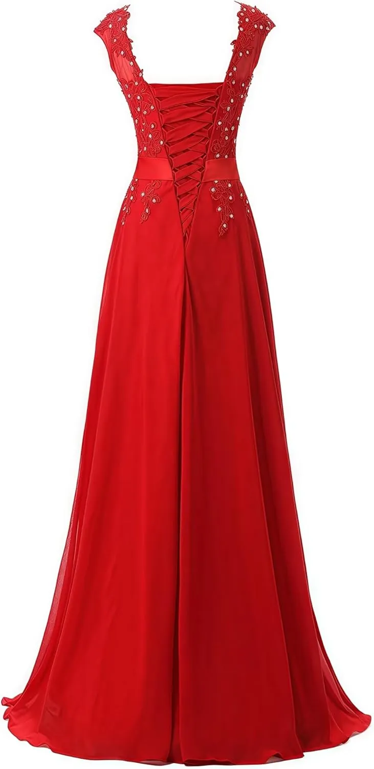Women's Cap Sleeve Ruched Lace Bridesmaid Dresses Round Neck Chiffon Formal Evening Gowns