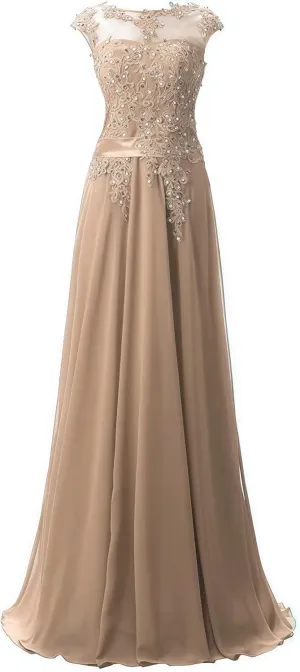 Women's Cap Sleeve Ruched Lace Bridesmaid Dresses Round Neck Chiffon Formal Evening Gowns