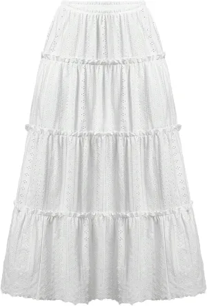 Women's Casual Boho Flowy Maxi Skirt 2025 Trendy Plain Summer Long Skirts Bohemian Ruffle Pleated Beach Skirts