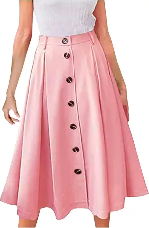 Women's Casual Button Down Midi Skirts Spring Summer High Waist A Line Knee Length Flowy Flared Pleated Skirts S-2XL