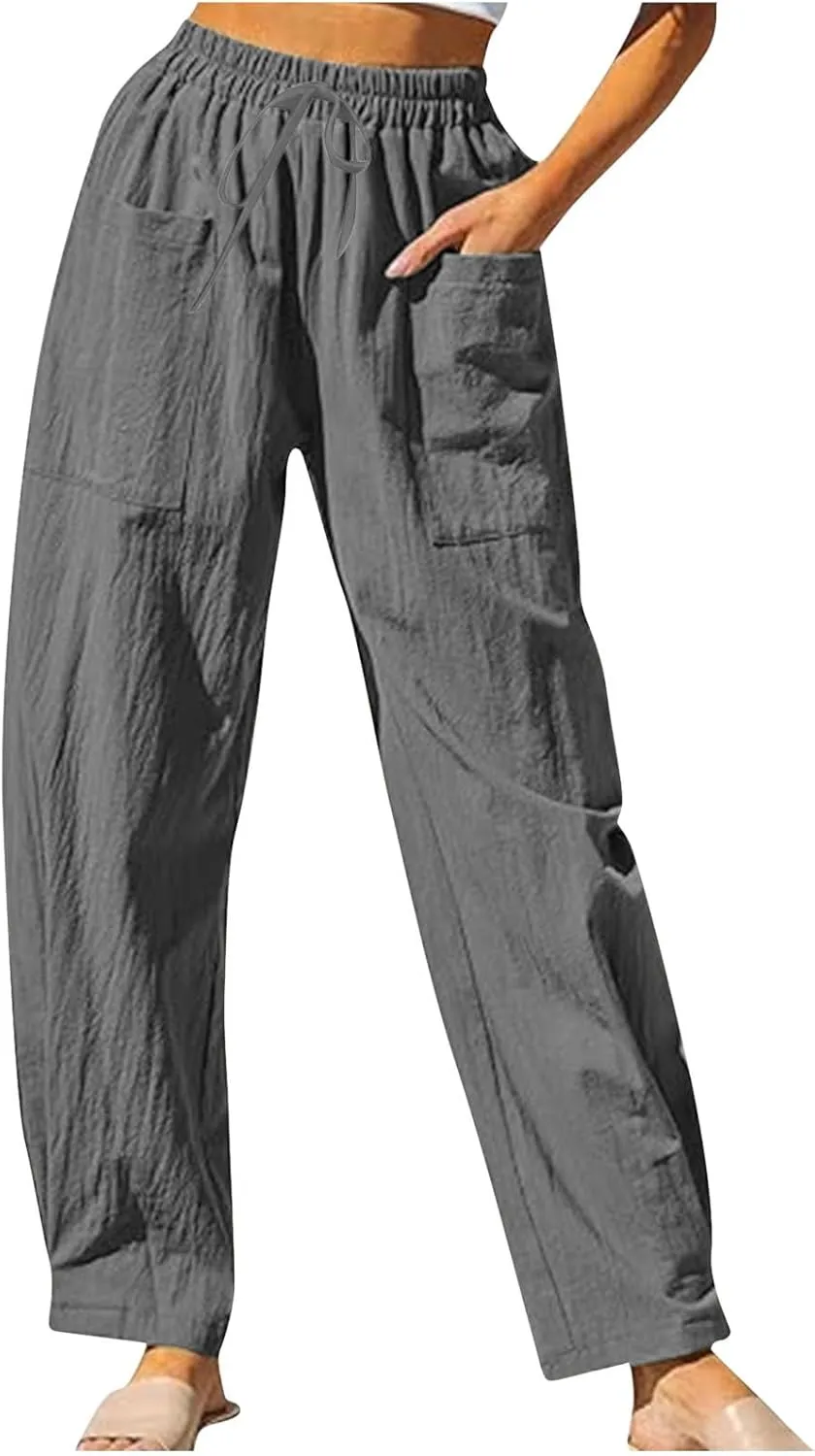 Womens Casual High Waist Pants 2024 Spring Summer Trendy Wide Leg Slacks Trouser Travel Vacation Outfits with Pocket