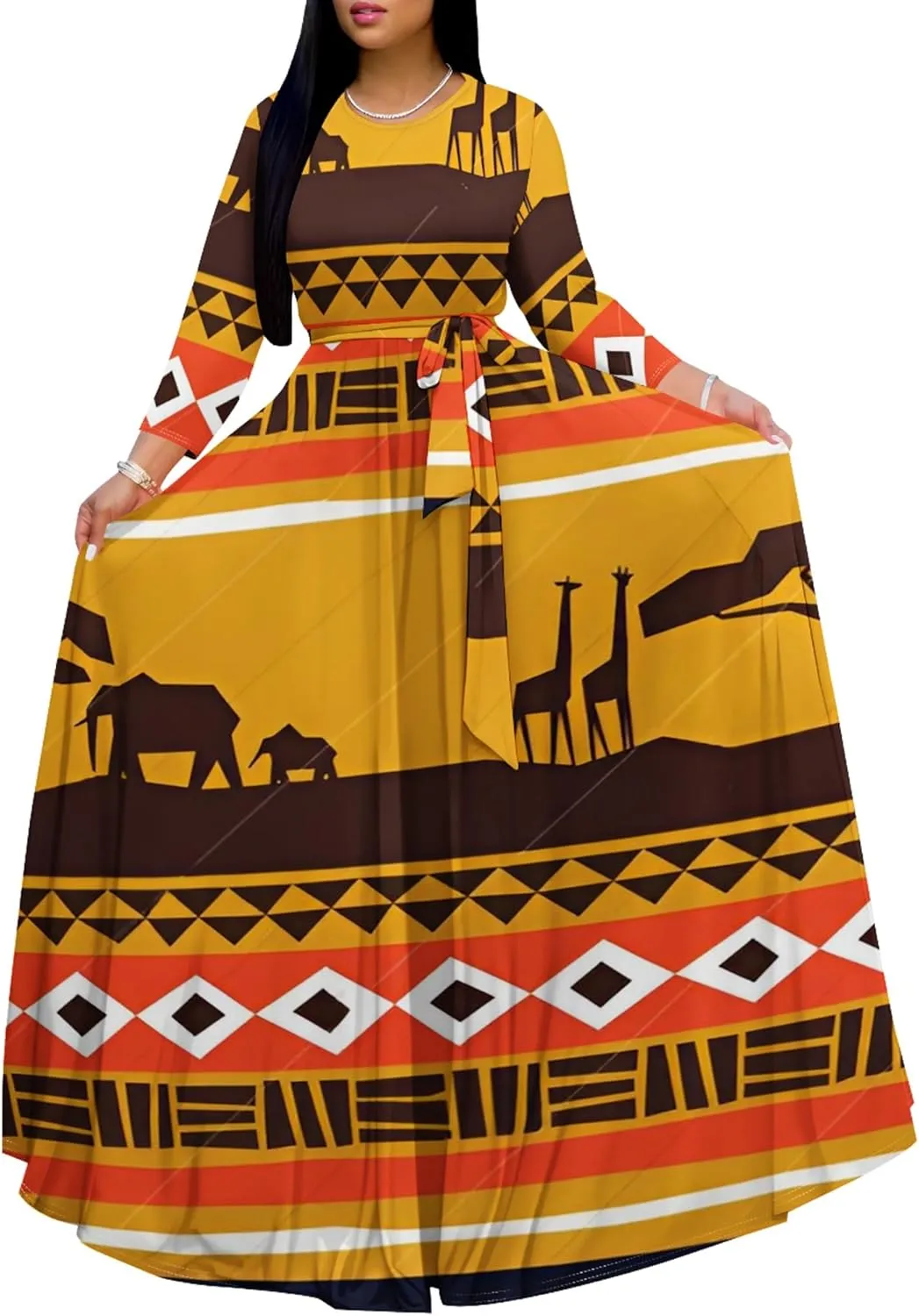 Women's Casual Maxi Dress 3/4 Sleeves Round Neck Wrap Maxi Sundress Plus Size African Style Dress with Belt