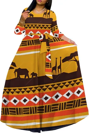 Women's Casual Maxi Dress 3/4 Sleeves Round Neck Wrap Maxi Sundress Plus Size African Style Dress with Belt