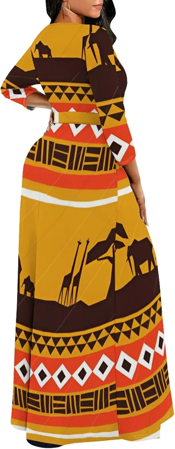 Women's Casual Maxi Dress 3/4 Sleeves Round Neck Wrap Maxi Sundress Plus Size African Style Dress with Belt