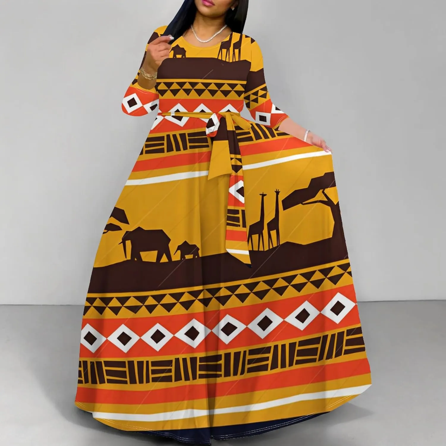 Women's Casual Maxi Dress 3/4 Sleeves Round Neck Wrap Maxi Sundress Plus Size African Style Dress with Belt