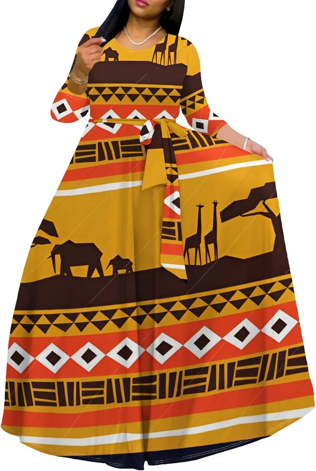 Women's Casual Maxi Dress 3/4 Sleeves Round Neck Wrap Maxi Sundress Plus Size African Style Dress with Belt