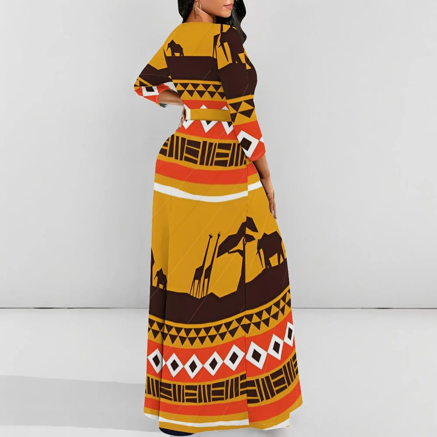 Women's Casual Maxi Dress 3/4 Sleeves Round Neck Wrap Maxi Sundress Plus Size African Style Dress with Belt