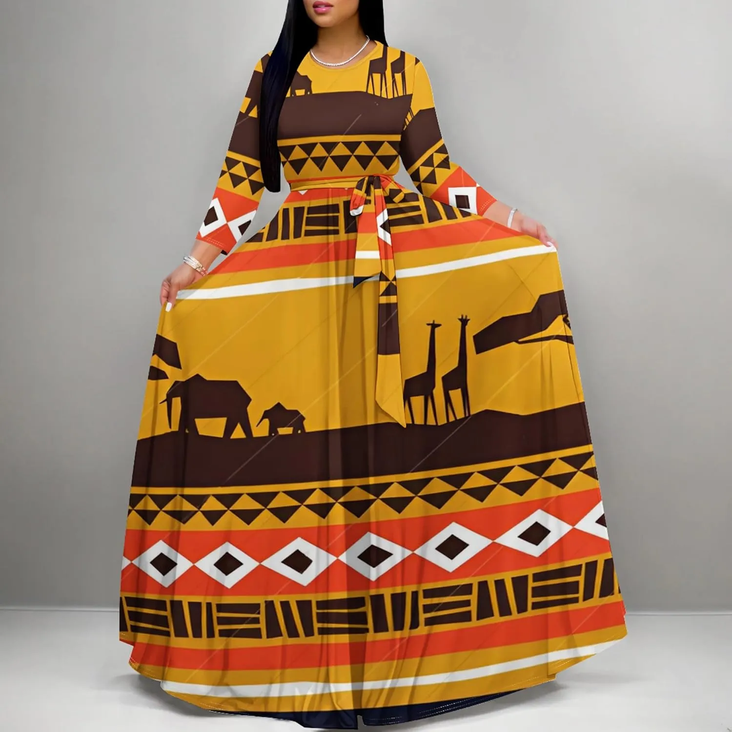 Women's Casual Maxi Dress 3/4 Sleeves Round Neck Wrap Maxi Sundress Plus Size African Style Dress with Belt