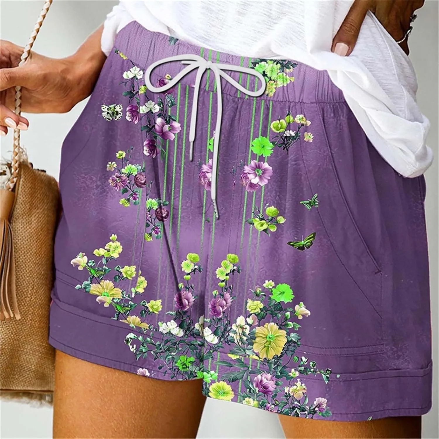 Womens Casual Shorts Fashion Floral Printed Drawstring Elastic Waisted Thin Style Short Summer Loose Comfy Crop Pant