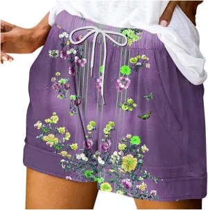 Womens Casual Shorts Fashion Floral Printed Drawstring Elastic Waisted Thin Style Short Summer Loose Comfy Crop Pant