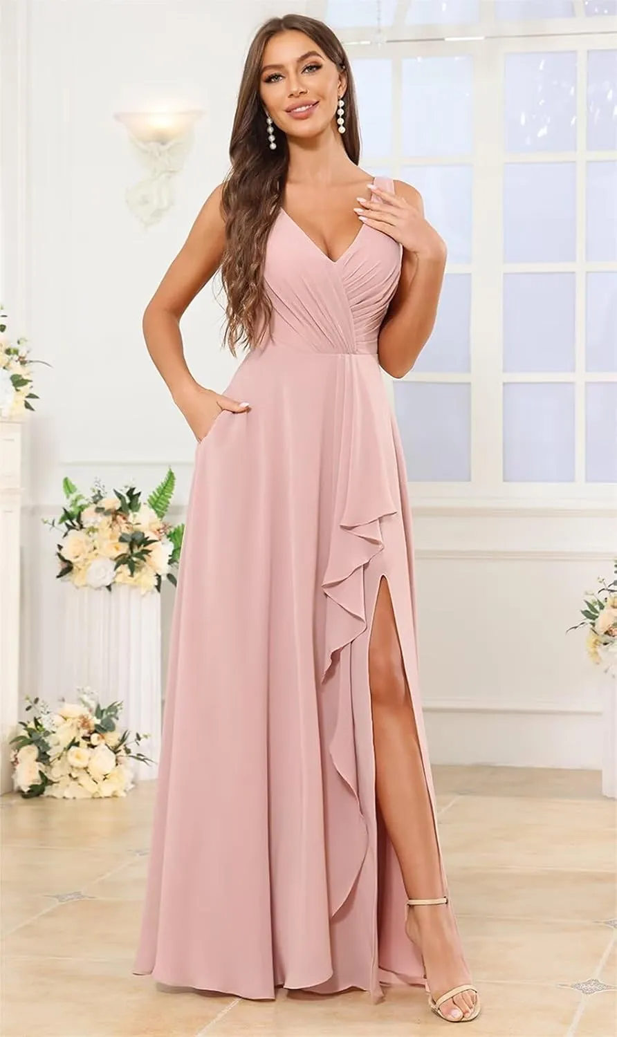 Women's Chiffon Bridesmaid Dresses 2025 with Pockets Long Slit Wedding Guest Dress Formal Evening Gowns