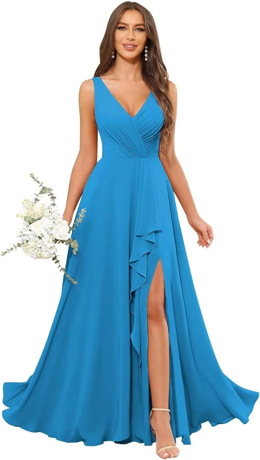 Women's Chiffon Bridesmaid Dresses 2025 with Pockets Long Slit Wedding Guest Dress Formal Evening Gowns