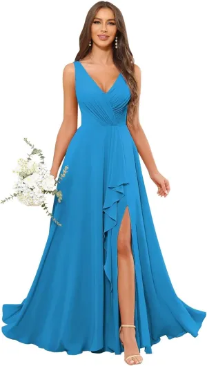 Women's Chiffon Bridesmaid Dresses 2025 with Pockets Long Slit Wedding Guest Dress Formal Evening Gowns