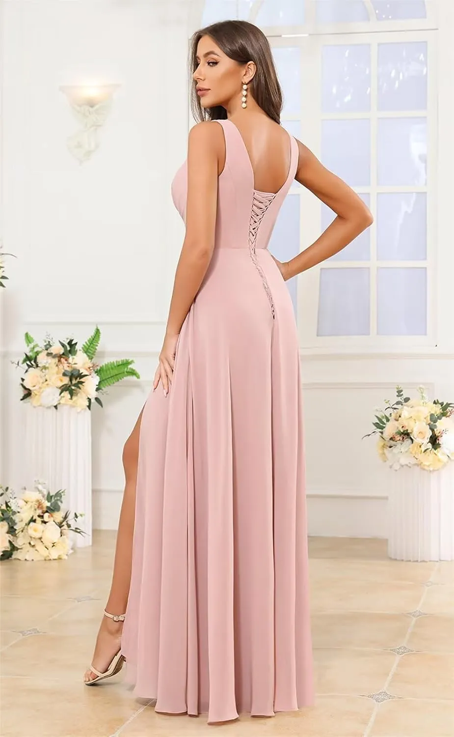 Women's Chiffon Bridesmaid Dresses 2025 with Pockets Long Slit Wedding Guest Dress Formal Evening Gowns