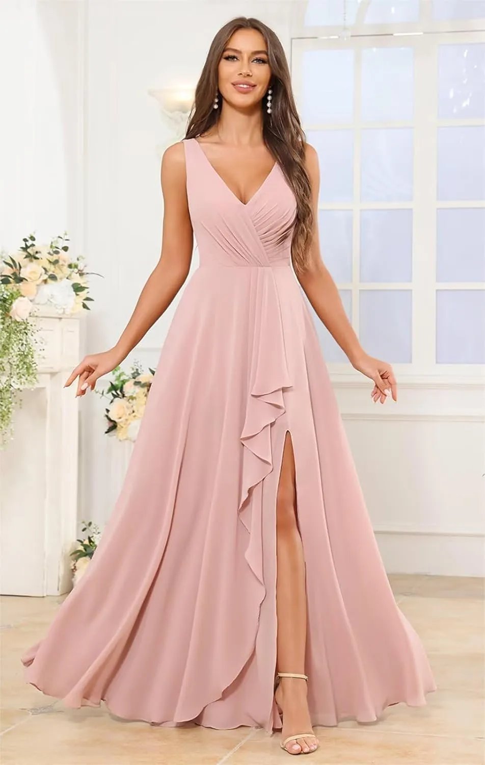 Women's Chiffon Bridesmaid Dresses 2025 with Pockets Long Slit Wedding Guest Dress Formal Evening Gowns