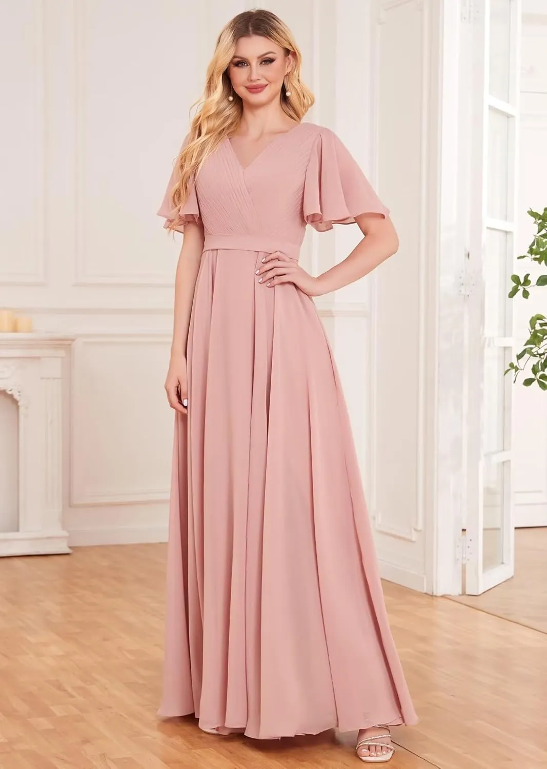 Women's Chiffon Bridesmaid Dresses for Wedding A Line V Neck Pleated Formal Evening Dresses