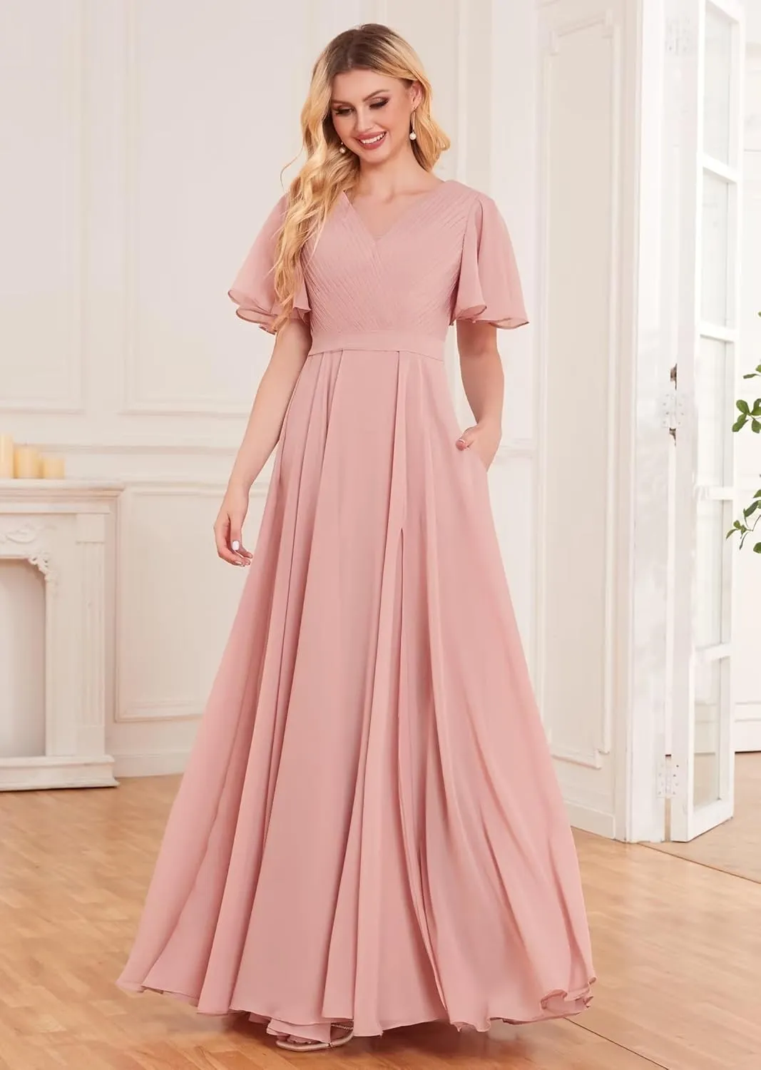 Women's Chiffon Bridesmaid Dresses for Wedding A Line V Neck Pleated Formal Evening Dresses