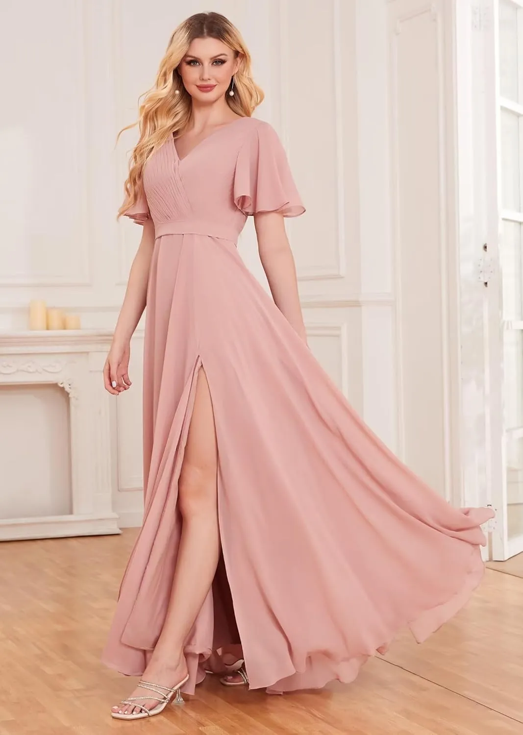 Women's Chiffon Bridesmaid Dresses for Wedding A Line V Neck Pleated Formal Evening Dresses