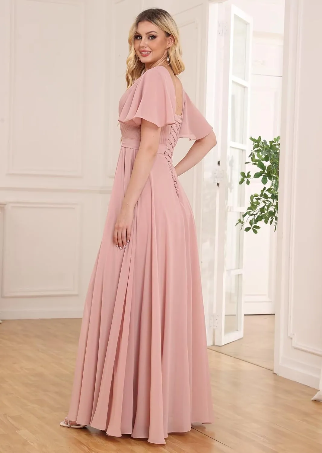 Women's Chiffon Bridesmaid Dresses for Wedding A Line V Neck Pleated Formal Evening Dresses