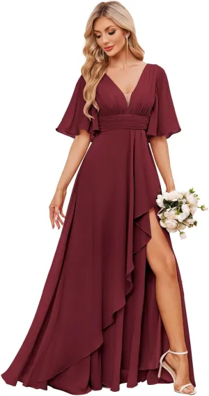 Women's Chiffon Bridesmaid Dresses for Wedding Long with Slit Short Sleeve V Neck Ruffle Formal Evening Dress