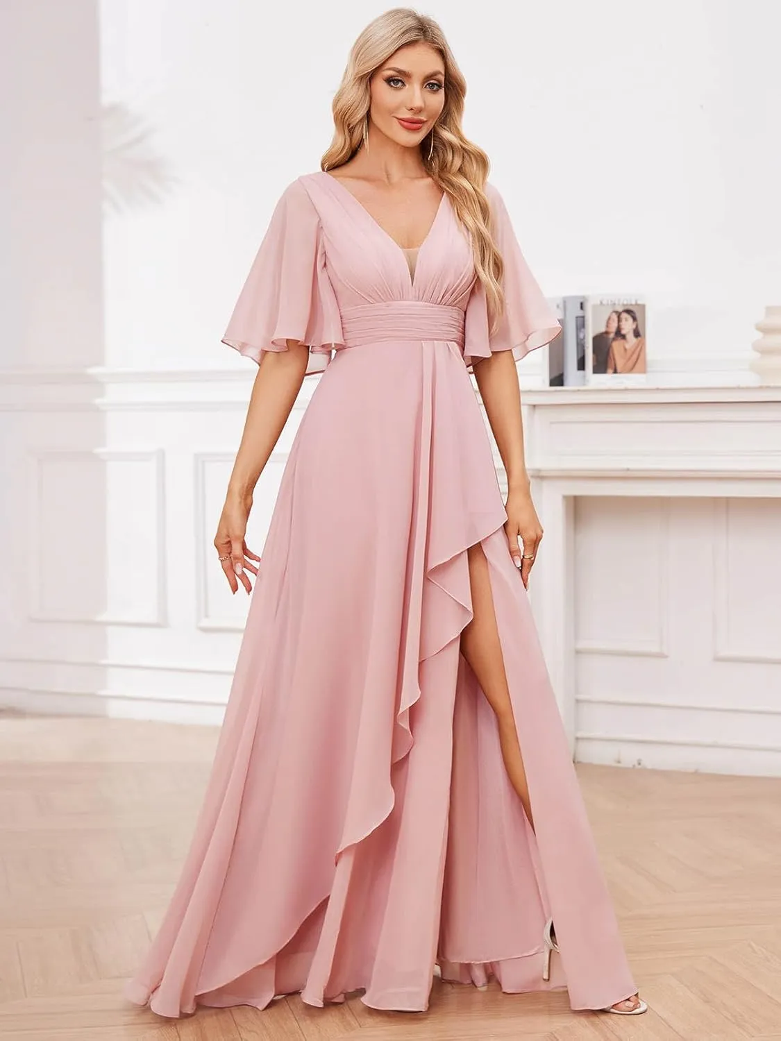 Women's Chiffon Bridesmaid Dresses for Wedding Long with Slit Short Sleeve V Neck Ruffle Formal Evening Dress
