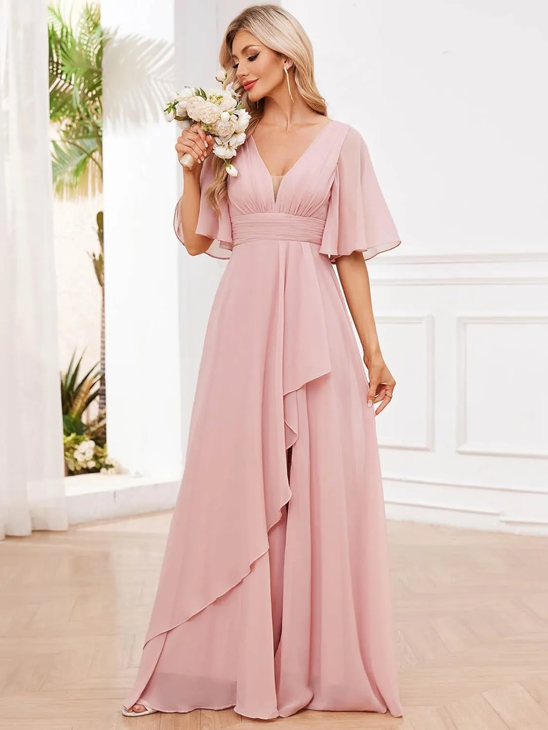 Women's Chiffon Bridesmaid Dresses for Wedding Long with Slit Short Sleeve V Neck Ruffle Formal Evening Dress
