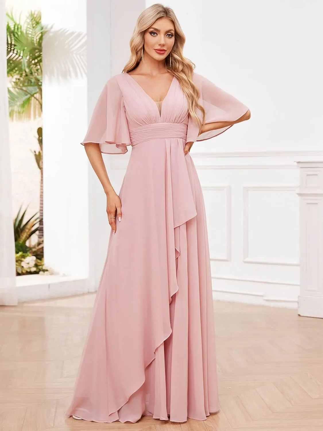 Women's Chiffon Bridesmaid Dresses for Wedding Long with Slit Short Sleeve V Neck Ruffle Formal Evening Dress