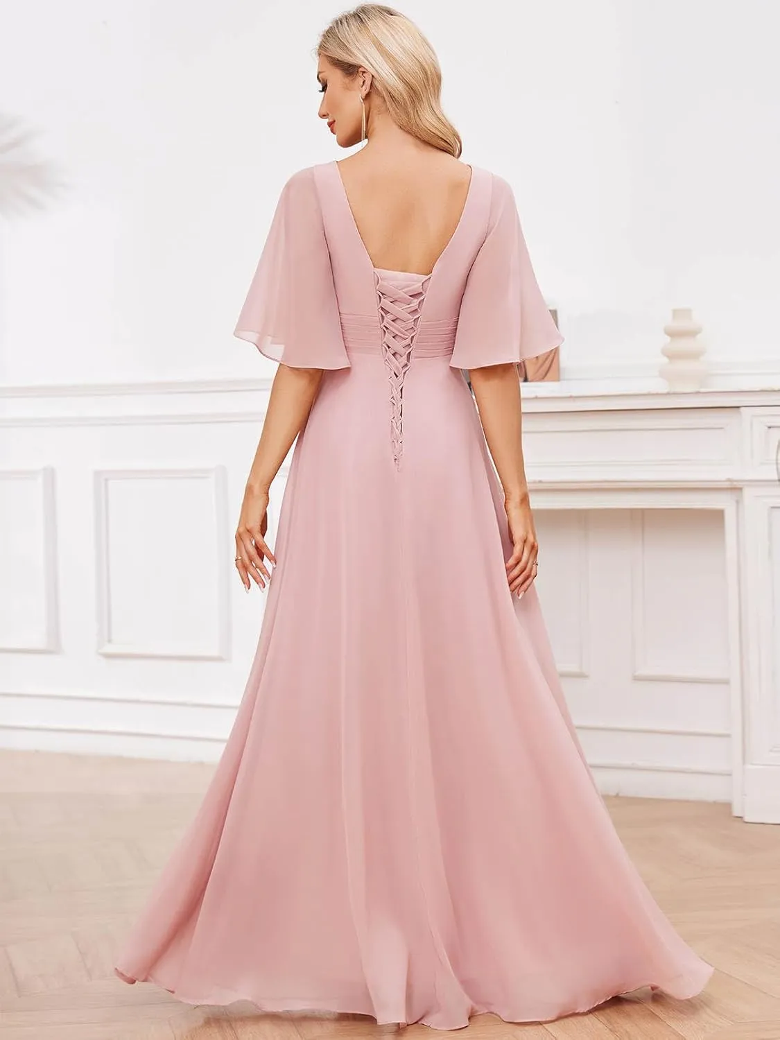 Women's Chiffon Bridesmaid Dresses for Wedding Long with Slit Short Sleeve V Neck Ruffle Formal Evening Dress