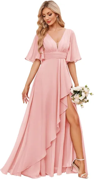 Women's Chiffon Bridesmaid Dresses for Wedding Long with Slit Short Sleeve V Neck Ruffle Formal Evening Dress