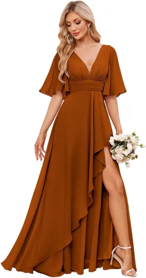 Women's Chiffon Bridesmaid Dresses for Wedding Long with Slit Short Sleeve V Neck Ruffle Formal Evening Dress