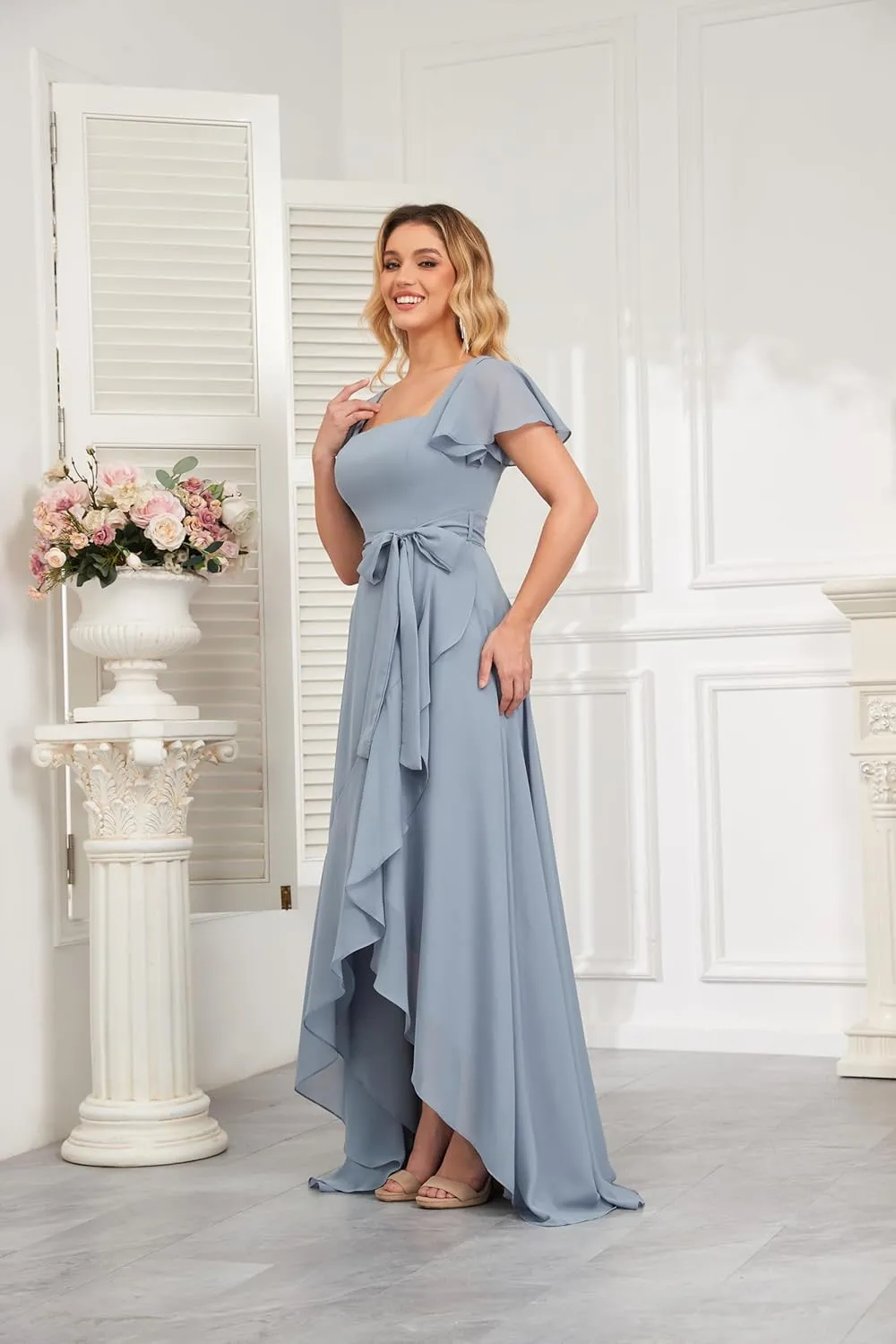 Women's Chiffon Bridesmaid Dresses Ruffle Sleeve A Line Long Evening Formal Party Dress with Slit