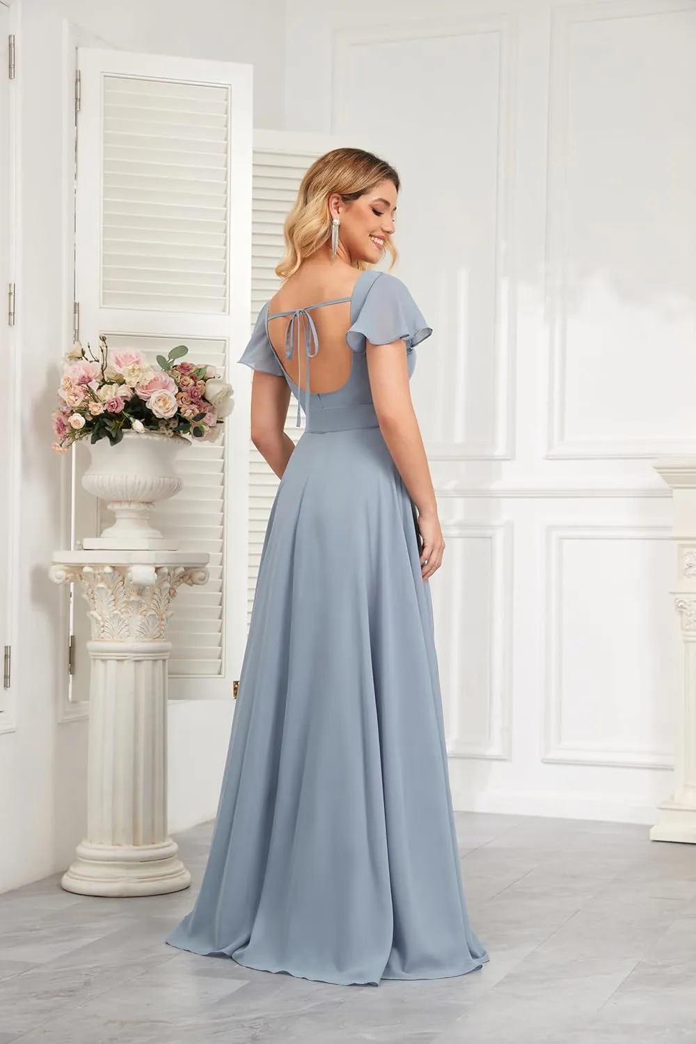 Women's Chiffon Bridesmaid Dresses Ruffle Sleeve A Line Long Evening Formal Party Dress with Slit