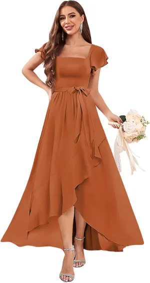 Women's Chiffon Bridesmaid Dresses Ruffle Sleeve A Line Long Evening Formal Party Dress with Slit