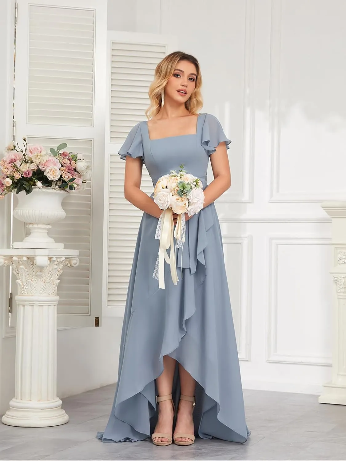 Women's Chiffon Bridesmaid Dresses Ruffle Sleeve A Line Long Evening Formal Party Dress with Slit