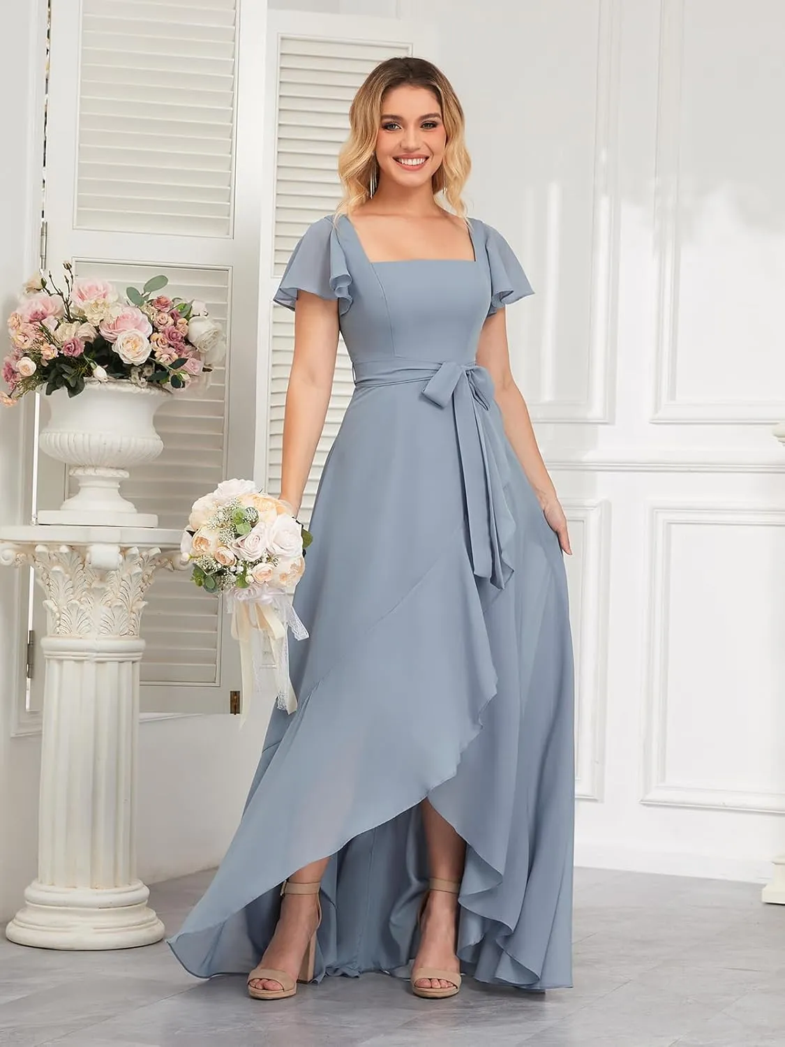 Women's Chiffon Bridesmaid Dresses Ruffle Sleeve A Line Long Evening Formal Party Dress with Slit