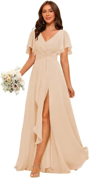Women's Chiffon Bridesmaid Dresses with Slit 2025 Short Sleeves Formal Evening Dress PU171