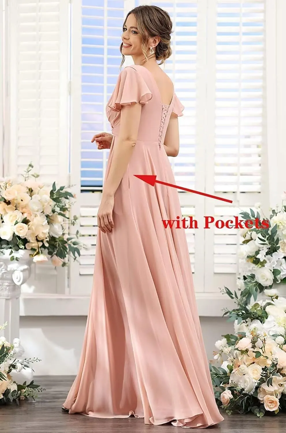 Women's Chiffon Bridesmaid Dresses with Slit 2025 Short Sleeves Formal Evening Dress PU171