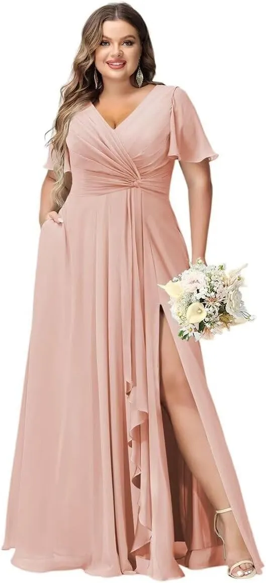 Women's Chiffon Bridesmaid Dresses with Slit 2025 Short Sleeves Formal Evening Dress PU171