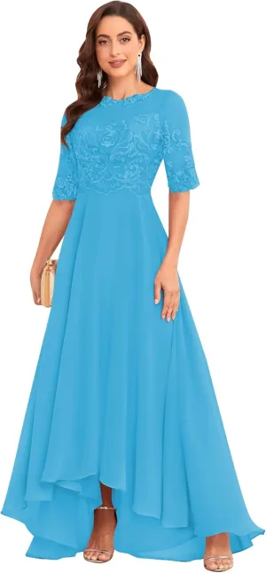 Women's Chiffon Half Sleeve Mother of The Bride Dresses for Wedding Scoop Neck Lace Appliques Evening Formal Party Gowns
