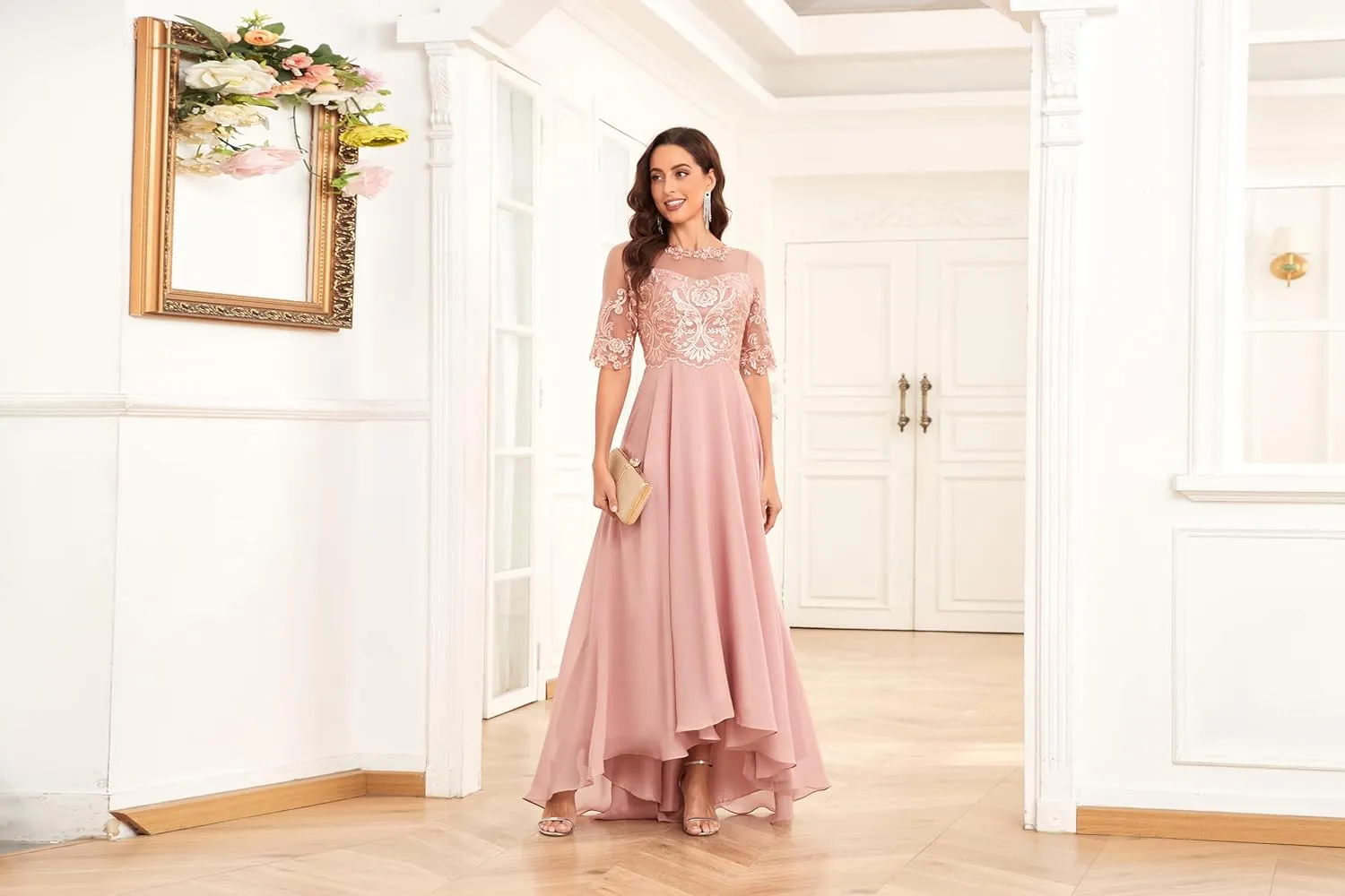 Women's Chiffon Half Sleeve Mother of The Bride Dresses for Wedding Scoop Neck Lace Appliques Evening Formal Party Gowns