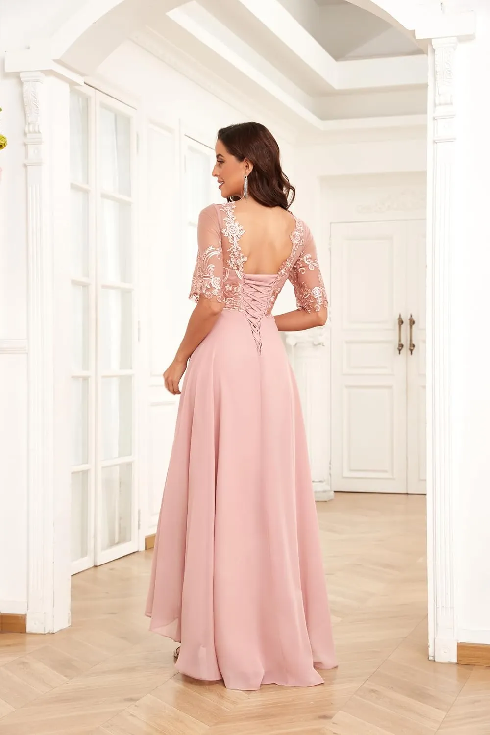 Women's Chiffon Half Sleeve Mother of The Bride Dresses for Wedding Scoop Neck Lace Appliques Evening Formal Party Gowns