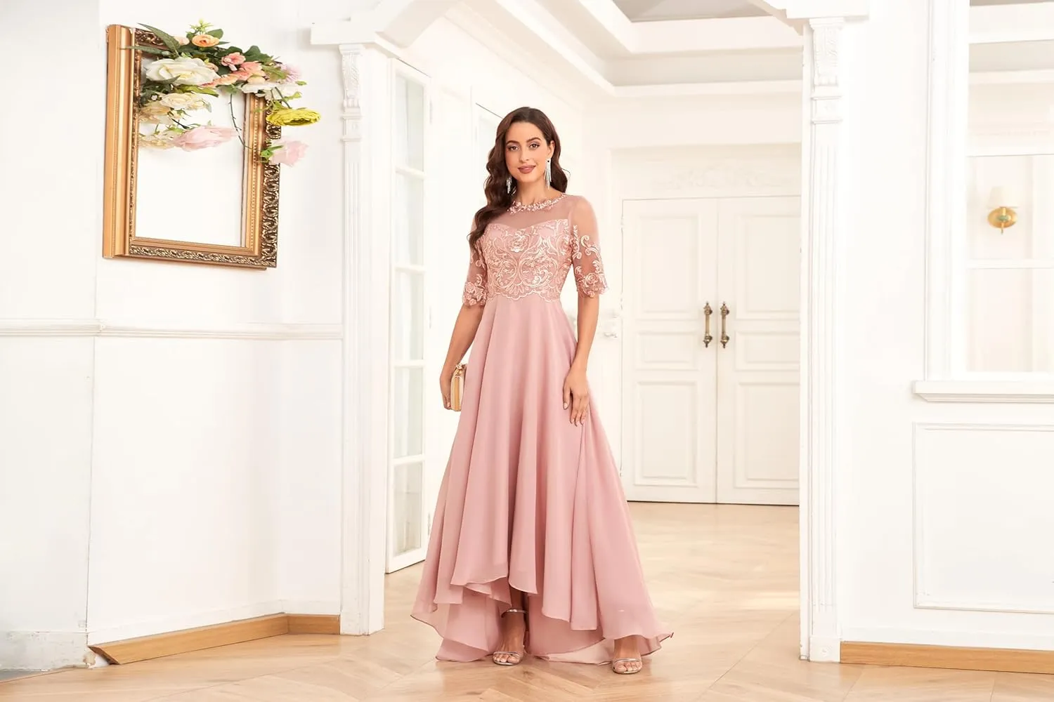 Women's Chiffon Half Sleeve Mother of The Bride Dresses for Wedding Scoop Neck Lace Appliques Evening Formal Party Gowns
