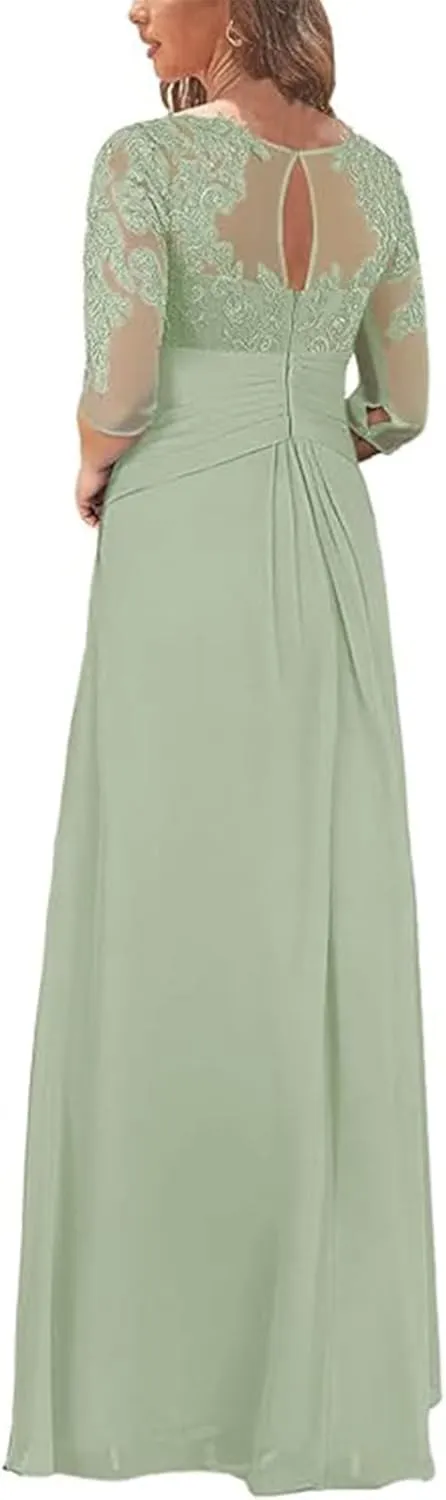 Women's Chiffon Lace Appliques Mother of Bride Dresses for Wedding Pleated Scoop Neck Formal Dresses