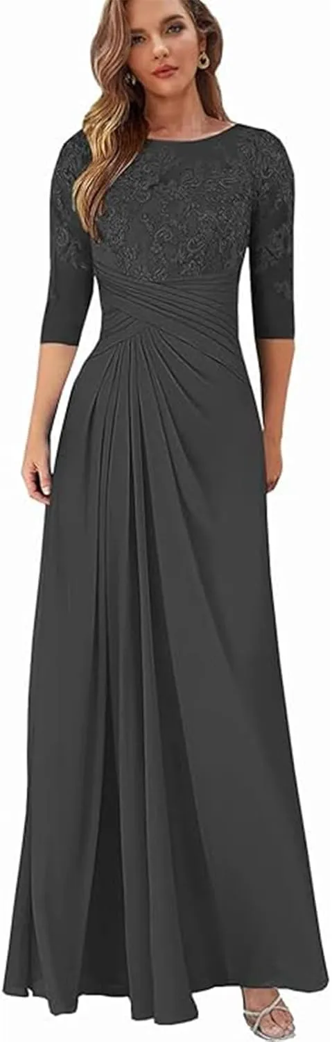 Women's Chiffon Lace Appliques Mother of Bride Dresses for Wedding Pleated Scoop Neck Formal Dresses