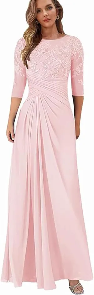 Women's Chiffon Lace Appliques Mother of Bride Dresses for Wedding Pleated Scoop Neck Formal Dresses