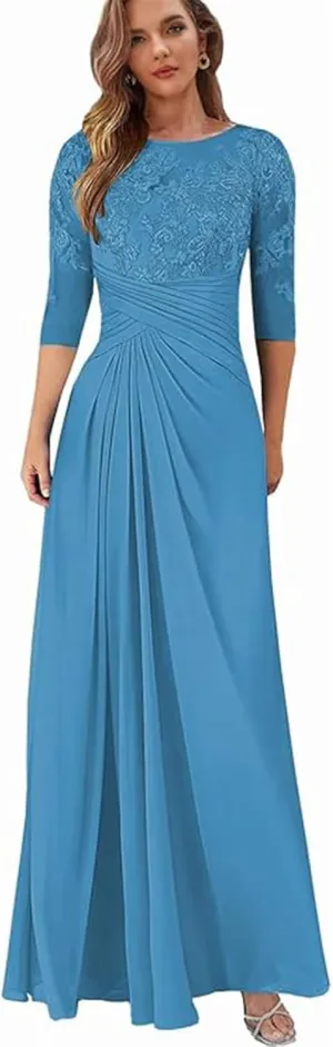 Women's Chiffon Lace Appliques Mother of Bride Dresses for Wedding Pleated Scoop Neck Formal Dresses