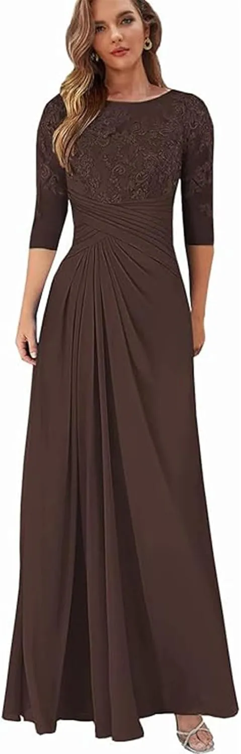 Women's Chiffon Lace Appliques Mother of Bride Dresses for Wedding Pleated Scoop Neck Formal Dresses