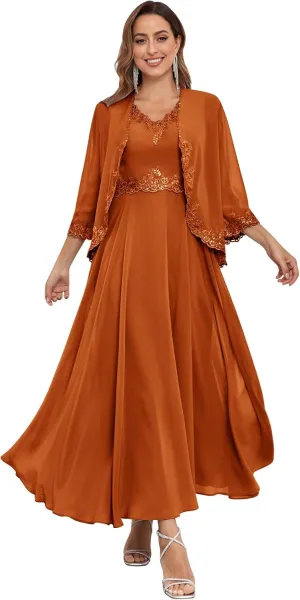 Women's Chiffon Mother of The Bride Dresses with Jackets for Wddding Ankle Length Lace 2 Piece Formal Dress