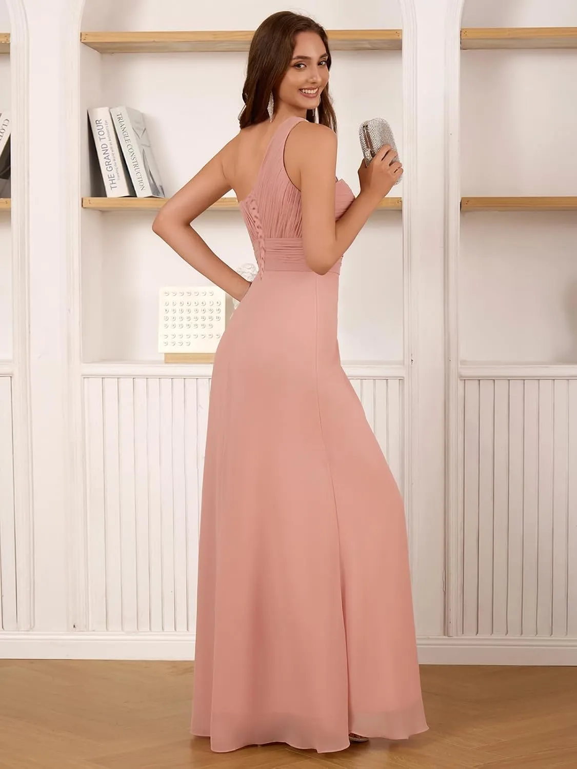 Women's Chiffon One Shoulder Bridesmaid Dresses A-Line Long Pleated Formal Evening Party Gown